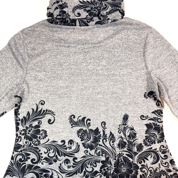 NWT Indigo Soul Floral Scroll Print Cowl Neck Grey Tunic Womens L Stretch Hi-Lo - Picture 15 of 16